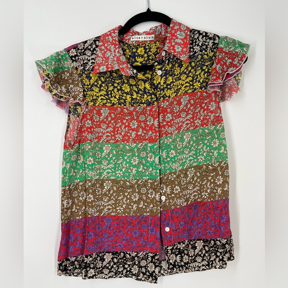 Alice + Olivia Floral Silk Flutter Sleeve Button Down Top Small - Picture 1 of 4